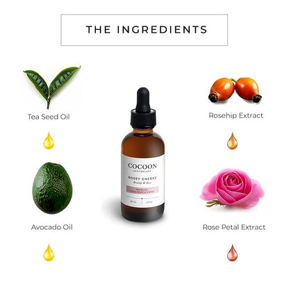 2 fl oz Rosey Cheeks Facial Oil Serum | Ecocert Cosmos Natural | Facial Serum For Women, Dry Skin, Natural Ingredients Avocado Oil, Camellia Seed Oil, Rosehip CO2, Rose Absolute