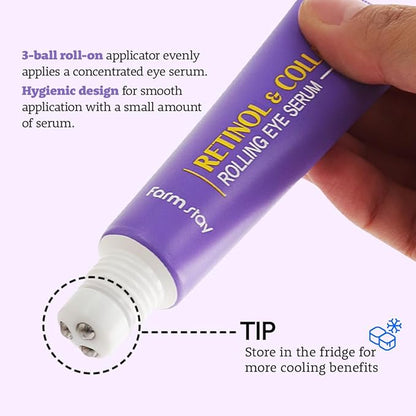 Farmstay Retinol Roll-on Eye Serum with 2% Niacinamide & Collagen – Hydrating Korean Eye Roller for Dark Circles, Puffy Eyes & Wrinkles – 0.84 fl. oz.