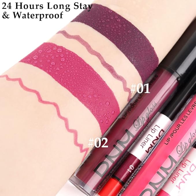 BINGBRUSH 2 Colors Liquid Matte Lipstick and Lipliner Set, Rose Red Purple Lip Tint 24 Hour Waterproof Velvet Nonstick Cup Lipgloss Lip Stain Pigmented Lip Makeup Gift Set 01&02