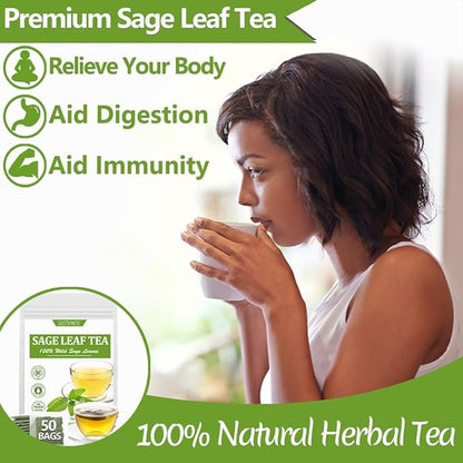Premium 50 Sage Tea Bags, Made with 100% Natural Sage Leaves, No Additives & Caffeine Free.