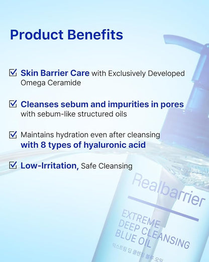 Real Barrier Extreme Deep Cleansing Blue Oil 6.76 Fl Oz, Removes Makeup, Sebum & Blackheads, Hydrating & Gentle on Skin, Low-Irritation Pore Cleansing, Korean Skincare