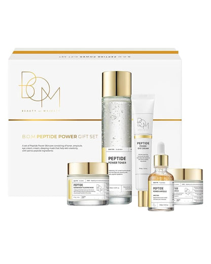 BOM COSMETICS A Set of Peptide Power Skincare With 5 Kinds of Items (Toner, Ampoule, Cream, Eye Cream, Sleeping Mask), 24K Gold & Pentapeptide for Skin Collagen Boost, Korean Skincare
