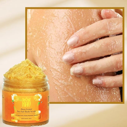 KAV Salt Body Scrub - Natural Exfoliating Salt Scrub for Body and Face, Helps with Moisturizing Skin, Dead Cell Removal, Rejuvenation and Relaxation, 4 Scents (Honey)