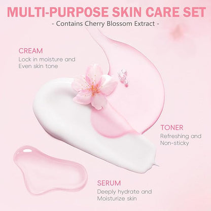 Skin Care Set for Women Girls, Cherry Blossoms Beauty Gift Sets for Intense Hydration, Face Skin Care Kit with Cleanser, Toner, Serum, Eye Cream, Face Cream - 8Pcs Skin Care Routine Kit