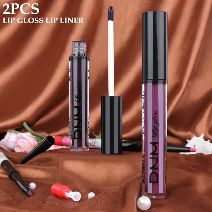 BINGBRUSH 2 Colors Liquid Matte Lipstick and Lipliner Set, Rose Red Purple Lip Tint 24 Hour Waterproof Velvet Nonstick Cup Lipgloss Lip Stain Pigmented Lip Makeup Gift Set 01&02