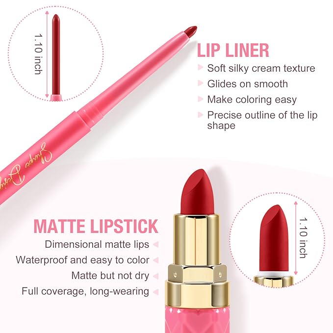 Boobeen 2Pcs Lip Liner and Lipstick Makeup Set, Lip Crayon Pencil Velvety Nude Lipliner Lip Gloss Make Up Gift Sets for Women, Ultra-Long-Lasting Matte but Not Dry