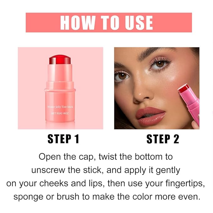 Cooling Water Jelly Tint,Multi-Use Cheek and Lip Stain,Water Jelly Tint Blush Stick,Natural Lasting Blush Lip Gloss - Buildable Watercolor Finish - 1,000+Swipes Per Stick - Vegan, Cruelty Free
