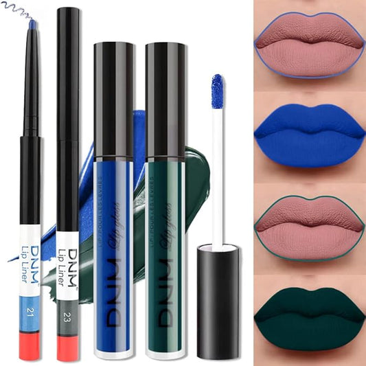 2 Colors Liquid Matte Lipstick and Lipliner Set, Blue Green Lip Tint 24 Hour Waterproof Velvet Nonstick Cup Lipgloss Lip Stain Pigmented Lip Makeup Gift Sets for Girls and Women Labiales21&23