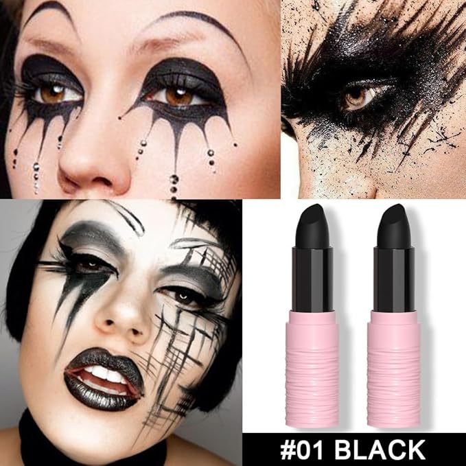 Kaely 2Pcs Lip Face Body Paint Stick,Eye Black Stick,Halloween Cosplay Birthday Party Clown Makeup Sets,Easy to Color,Black Matte Lipstick Set,labiales magicos 24 horas originales
