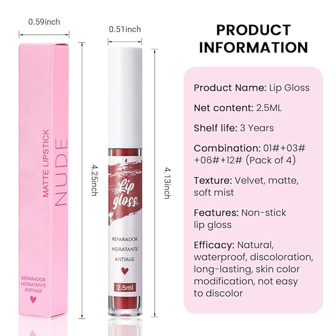 4Pcs Velvet Matte Liquid Lipstick Lipgloss Makeup Sets,Red Lipgloss
