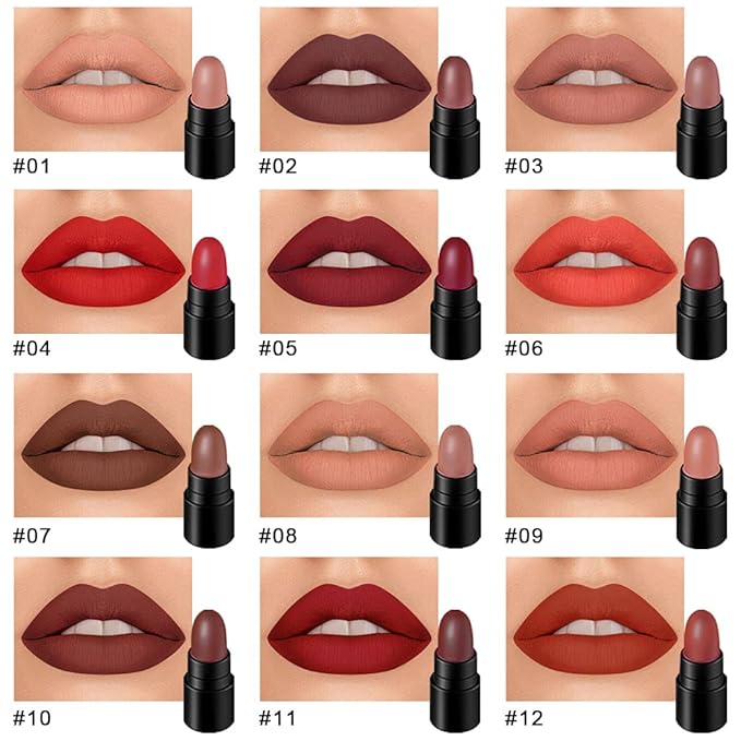 evpct 12Pcs Capsule Pills Lipstick Mini Matte Lipstick Sets for Women labiales mate 24 horas originales Dark Brown Red Nude Small Candy Lipstick Samples Mini Set Lip Stick Pack Matte Makeup Kit