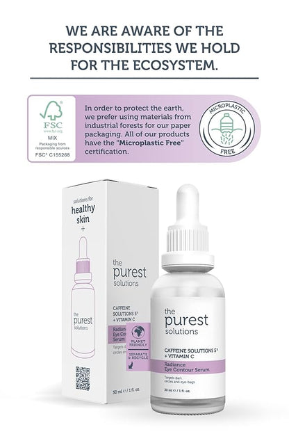 The Purest Solutions Radiance Eye Contour Serum (Caffeine Solutions 5% + Vitamin C) - Bright & Rested Appearance - Skin Tone Difference Reduction - Under-Eye Bag Care - Vegan | Cruelty Free (1 fl. oz)
