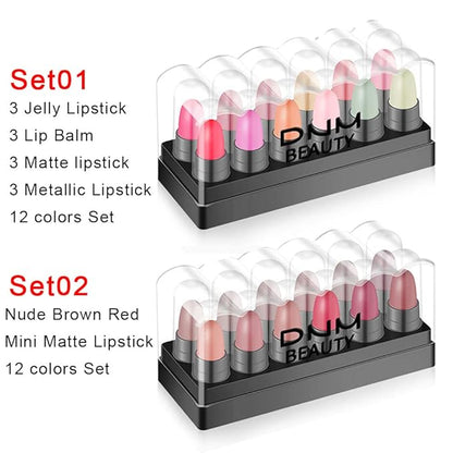 evpct 12Pcs Capsule Pills Lipstick Mini Matte Lipstick Sets for Women labiales mate 24 horas originales Dark Brown Red Nude Small Candy Lipstick Samples Mini Set Lip Stick Pack Matte Makeup Kit