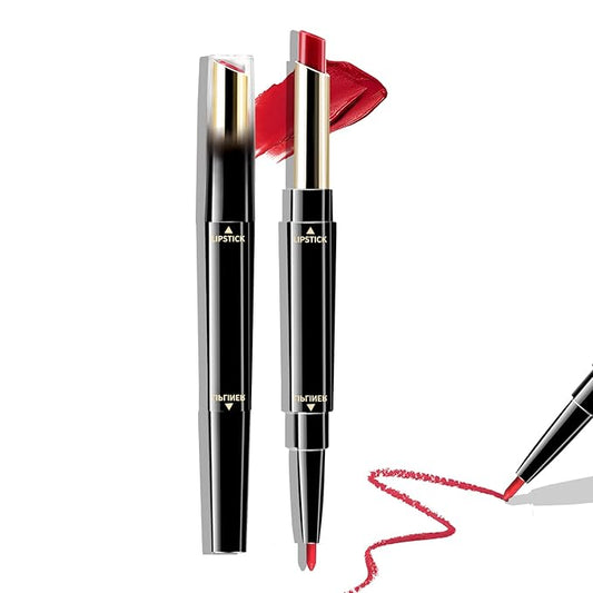 Boobeen 2 in 1 Double Head Lipstick & Lip Liner Makeup Set Matte Velvet Lipgloss Lipstick Creamy Lip Pencil for Women, Long-lasting and Non-smudge