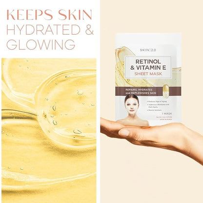 Retinol & Vitamin E Sheet Mask - Anti-Aging, Acne Scar & Hyperpigmentation - Hydrating, Dermatologist Tested Korean Skincare - Clean Beauty, Cruelty-Free, All Skin Types - 5 Masks