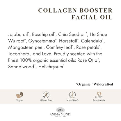 Anima Mundi Collagen Booster Facial Oil - Hydrating Organic Plant-Based Collagen Oil with He Shou Wu & Rose Petals - Restore & Regenerate Collagen Receptors for Glowing Skin Complexion (2oz / 59ml)
