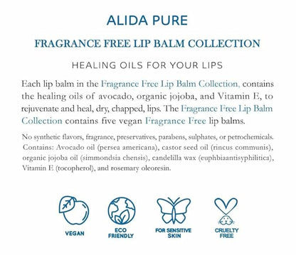 Fragrance Free Lip Balm, Vegan Lip Balm Set, Unscented, No Flavor, Beeswax Free, Organic Jojoba Oil, Avocado Oil, Vitamin E, Natural Moisturizer for Dry, Chapped, or Cracked Lips 5 Tube Set