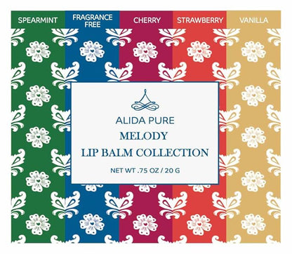 Melody Lip Balm Collection, Vegan Lip Balm Set, Beeswax Free, with Avocado Oil, Organic Jojoba Oil, and Vitamin E, Natural Moisturizer for Dry, Chapped Lips, 5 Tube Set
