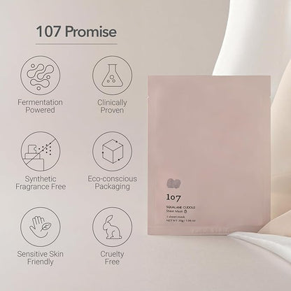 107 SQUALANE CUDDLE Sheet Mask, Pack of 5 Sheets, Squalane & Niacinamide, Hydrating & Rejuvenating Facial Treatment, Korean Skincare, 30g (1.06oz) per Sheet