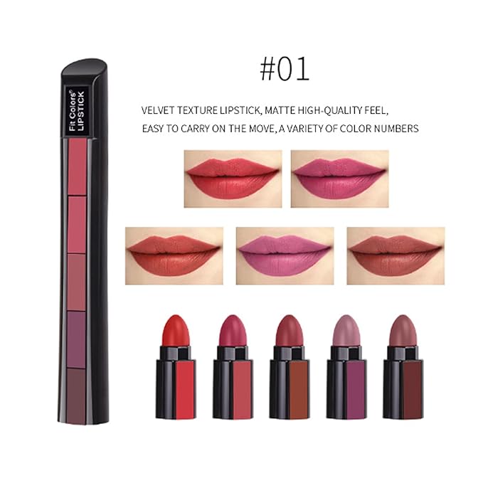 5 in 1 Matte Lipstick,Multicolor Combination Lipsticks Velvety High