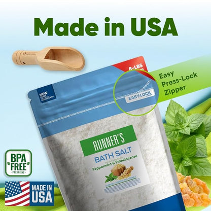 Runner's Bath Salt 128 Ounces (8 Lbs) Soothing Epsom Salt Bath Soaks with Natural Peppermint and Frankincense Essential Oils Plus Vitamin C in BPA Free Pouch with Easy Press Lock Seal Made in USA