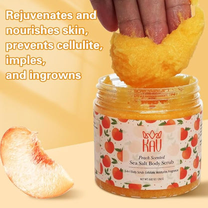 KAV Salt Body Scrub - Natural Exfoliating Salt Scrub for Body and Face, Helps with Moisturizing Skin, Dead Cell Removal, Rejuvenation and Relaxation, 4 Scents (Peach)