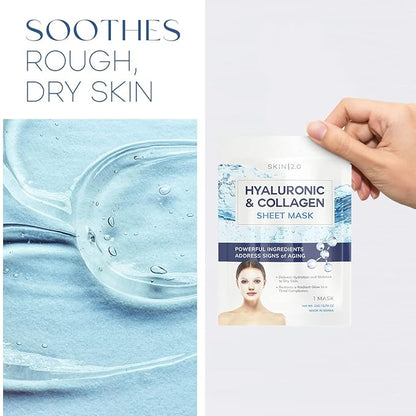 Hyaluronic Acid & Collagen Sheet Mask - Hydrating, Anti-Aging, Skin Firming - Dermatologist Tested Korean Skincare - Clean Beauty, Natural Ingredients, Cruelty-Free, All Skin Types - 5 Masks