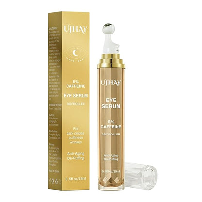 5% Caffeine Eye Cream, Under Eye Serum for Dark Circles, Puffiness & Wrinkles Fine Lines, Eye Roller Serum with 360° Massage Ball, Eye Treatment Balm for Men & Women