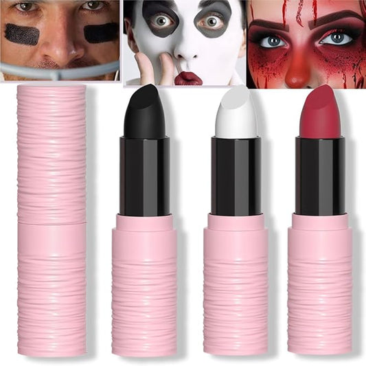 Kaely 3Pcs Lip Face Body Paint Stick,Eye Black Stick,Halloween Cosplay Birthday Party Clown Makeup Sets,Easy to Color,Black White Red Matte Lipstick Set,labiales magicos 24 horas originales