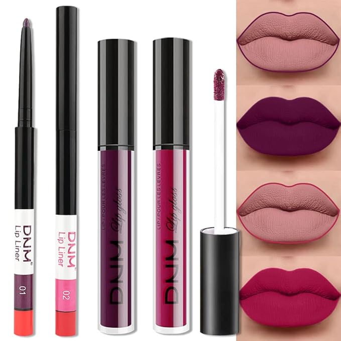 BINGBRUSH 2 Colors Liquid Matte Lipstick and Lipliner Set, Rose Red Purple Lip Tint 24 Hour Waterproof Velvet Nonstick Cup Lipgloss Lip Stain Pigmented Lip Makeup Gift Set 01&02