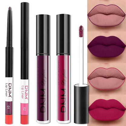 BINGBRUSH 2 Colors Liquid Matte Lipstick and Lipliner Set, Rose Red Purple Lip Tint 24 Hour Waterproof Velvet Nonstick Cup Lipgloss Lip Stain Pigmented Lip Makeup Gift Set 01&02