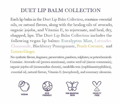 Duet Lip Balm Collection, Vegan Lip Balm Set, Beeswax Free, with Avocado Oil, Organic Jojoba Oil, and Vitamin E, Natural Moisturizer for Dry, Chapped Lips, 5 Tube Set