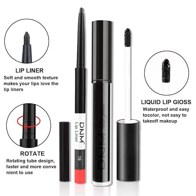 2 Colors Liquid Matte Lipstick and Lipliner Set, Black Purple Lip Tint 24 Hour Waterproof Velvet Nonstick Cup Lipgloss Lip Stain Pigmented Lip Makeup Gift Sets for Girls and Women Labiales19&20