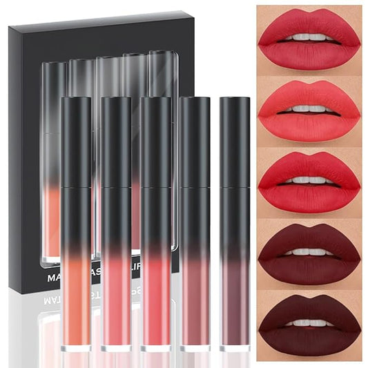 evpct 5Pcs Ruby Dark Brown Red Chocolate Matte Liquid Lipstick Lip Stain Sets for Women Matte+Lipstick Long Lasting 24 hr Hours Magic Lipstick 24 Hours original Smudge Waterproof Set05
