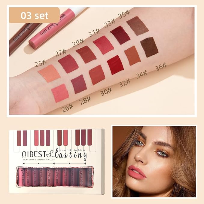 QiBest 12Pcs Velvet Matte Liquid Lipstick Makeup Sets Lipstick