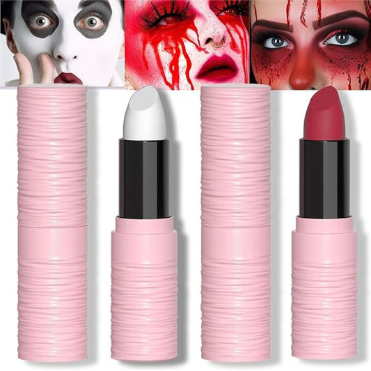 Kaely 2Pcs Lip Face Body Paint Stick,Eye Black Stick,Halloween Cosplay Birthday Party Clown Makeup Sets,Easy to Color,White Red Matte Lipstick Set,labiales magicos 24 horas originales