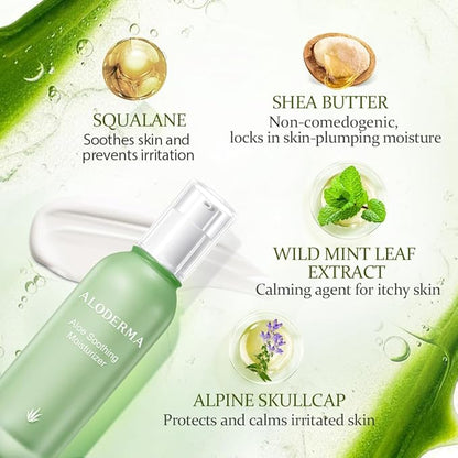 Aloderma Soothing Face Moisturizer with 77% Organic Aloe Vera - Natural Moisturizer for Face for Sensitive & Combination Skin, Nurturing Aloe Face Moisturizer with Squalane, Botanical Extracts, 3.5oz