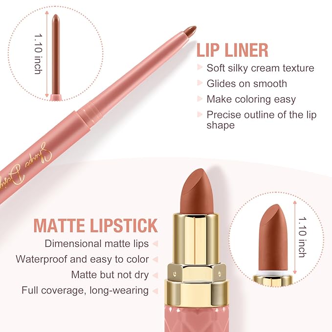 Boobeen 2Pcs Lip Liner and Lipstick Makeup Set, Lip Crayon Pencil Velvety Nude Lipliner Lip Gloss Make Up Gift Sets for Women, Ultra-Long-Lasting Matte but Not Dry
