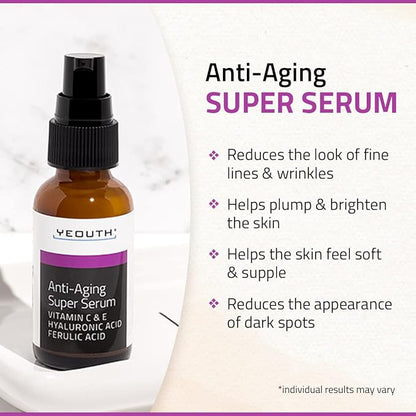 YEOUTH Anti Aging Serum for Face with Hyaluronic Acid, Ferulic Acid, Vitamin C and E, Hydrating Face Serum for Women and Men Targets Dull and Dry Skin 1oz