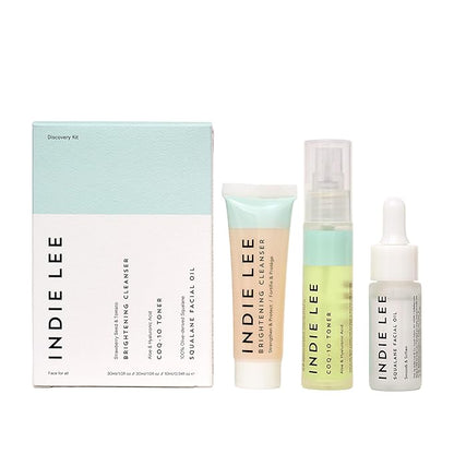 Indie Lee Discovery Gift Set - Travel Size Toiletries Skincare Set with Brightening Cleanser, CoQ-10 Toner + Squalane Facial Oil - Skin Care Kit for Adults (3-Piece Travel Size Set)