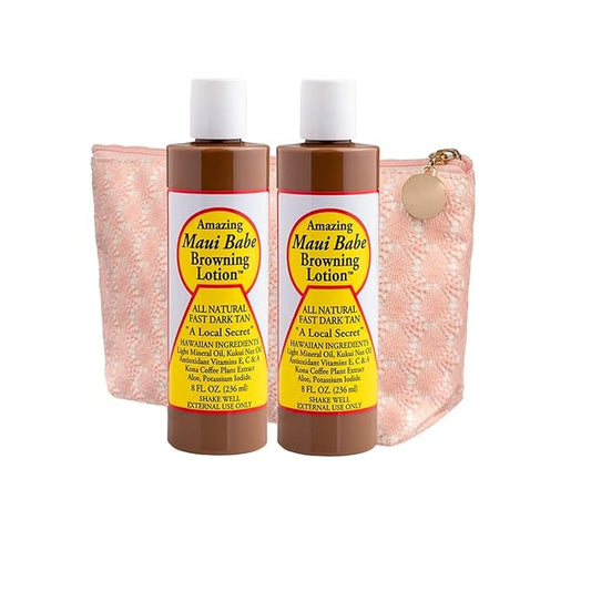Maui Babe Browning Lotion - Outdoor Tanning Lotion 8oz (Pack of 2) With Quest Makeup Bag - Amazing Maui Babe Suntan Lotion Kit - Hawaiian Dark Tanning Formula Sun Tanning Lotion