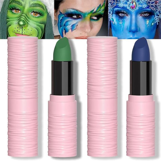 Kaely 2Pcs Lip Face Body Paint Stick,Eye Black Stick,Halloween Cosplay Birthday Party Clown Makeup Sets,Easy to Color,Green Blue Matte Lipstick Set,labiales magicos 24 horas originales