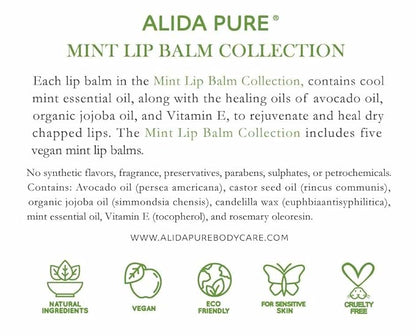 Mint Lip Balm Collection, Vegan Lip Balm Set, Beeswax Free, with Avocado Oil, Organic Jojoba Oil, and Vitamin E, Natural Moisturizer for Dry, Chapped Lips, 5 Tube Set