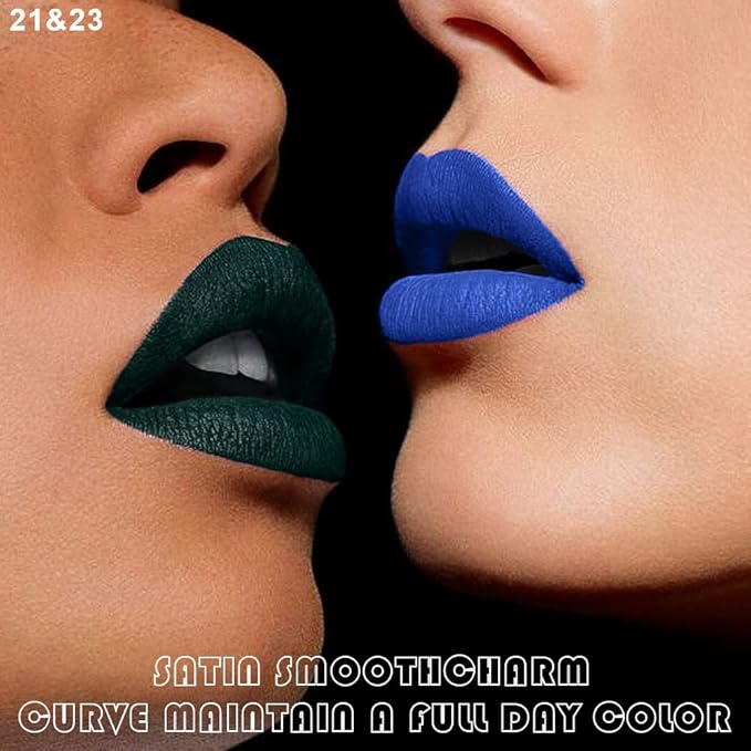 2 Colors Liquid Matte Lipstick and Lipliner Set, Blue Green Lip Tint 24 Hour Waterproof Velvet Nonstick Cup Lipgloss Lip Stain Pigmented Lip Makeup Gift Sets for Girls and Women Labiales21&23