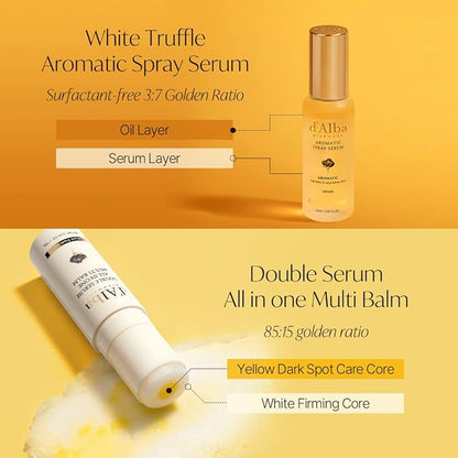 d'alba Piedmont White Truffle Vegan Holiday Gift Set, First Aromatic Spray Serum & All In One Multi Balm, Suitable for All Skin Types, Perfect for Christmas Gift, Stocking Stuffers