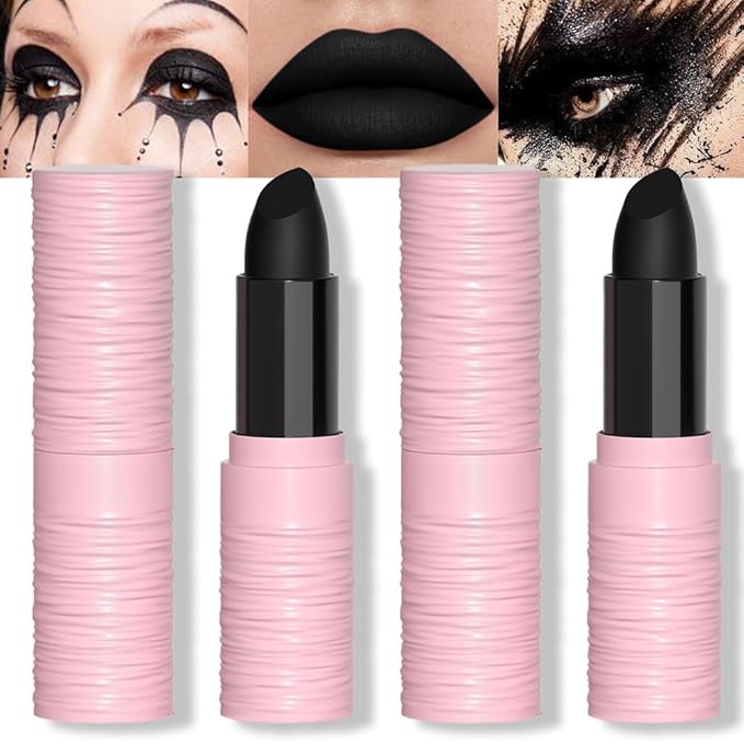 Kaely 2Pcs Lip Face Body Paint Stick,Eye Black Stick,Halloween Cosplay Birthday Party Clown Makeup Sets,Easy to Color,Black Matte Lipstick Set,labiales magicos 24 horas originales