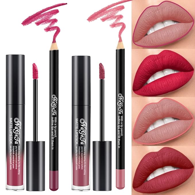 2 Colors Liquid Matte Lipstick and Lipliner Pack Set, Lip Tint Long Lasting 24 Hour Waterproof Velvet Nonstick Cup Lipgloss Lip Stain Pigmented Lip Makeup Gift Sets for Girls and Women Labiales