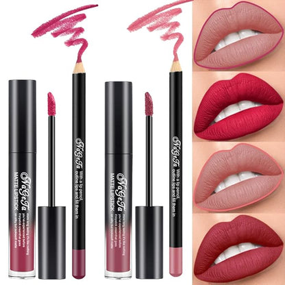 2 Colors Liquid Matte Lipstick and Lipliner Pack Set, Lip Tint Long Lasting 24 Hour Waterproof Velvet Nonstick Cup Lipgloss Lip Stain Pigmented Lip Makeup Gift Sets for Girls and Women Labiales