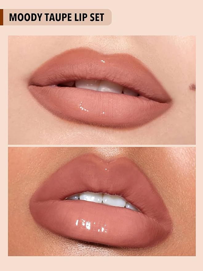 SHEGLAM Soft 90'S Glam 3-In-1 Lip Liner Moisturizing Plant Extracts Long Lasting Liquid Lipstick Plumping Lip Gloss Makeup Set - Moody Taupe