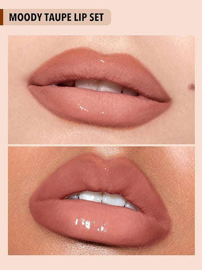 SHEGLAM Soft 90'S Glam 3-In-1 Lip Liner Moisturizing Plant Extracts Long Lasting Liquid Lipstick Plumping Lip Gloss Makeup Set - Moody Taupe